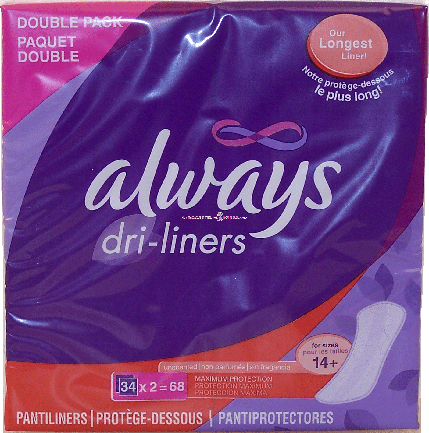 Always&nbsp;dri-liners&nbsp;unscented pantiliners, maximum protection, double pack Full-Size Picture